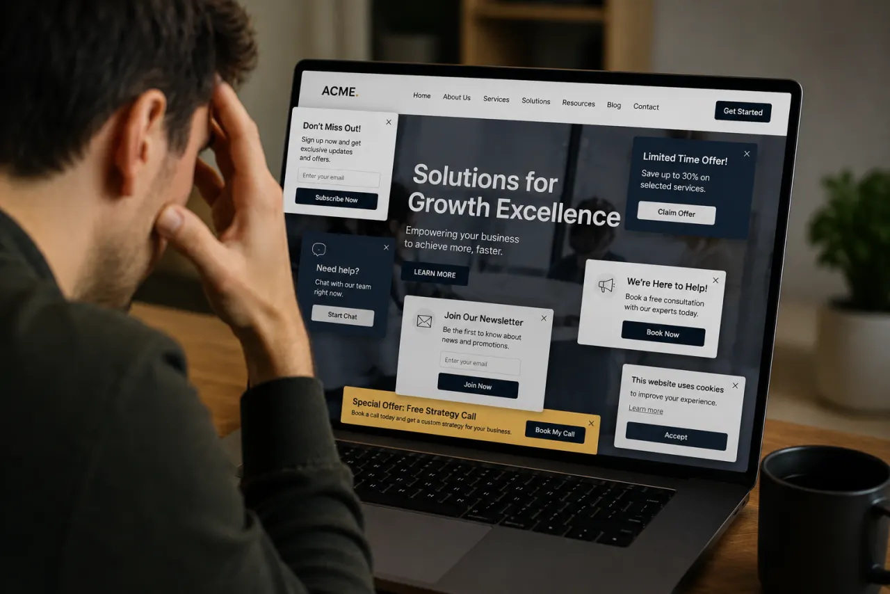 Frustrated user looking at an overcomplicated website full of popups