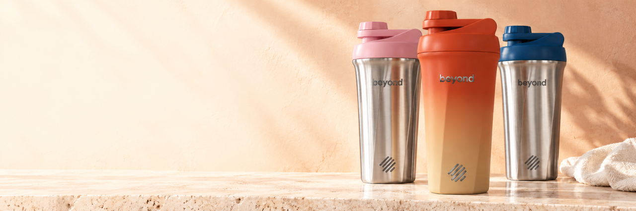 Beyond Shakers insulated stainless steel shakers in pink, peach and blue