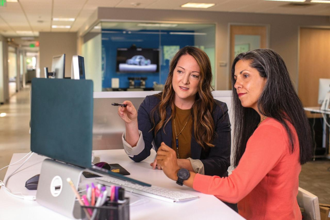 Two colleagues discussing a website project at a desk