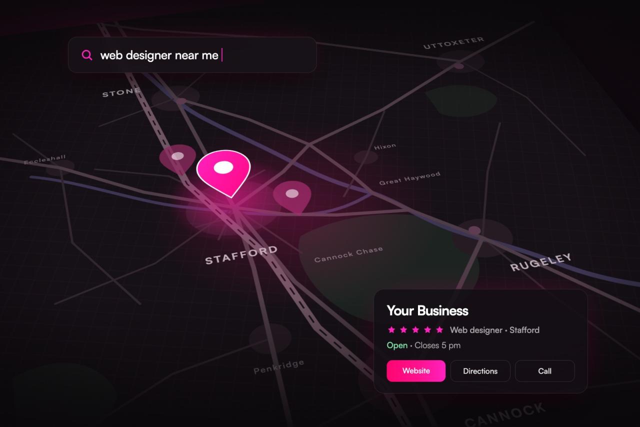 Illustrated local search map of Stafford and Staffordshire with a highlighted business listing