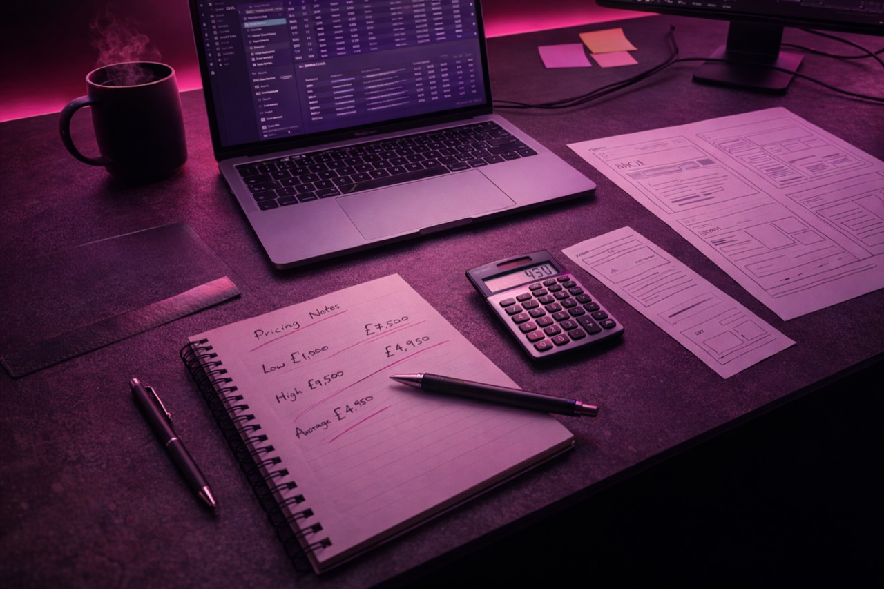 Calculator and pricing notes representing website cost planning