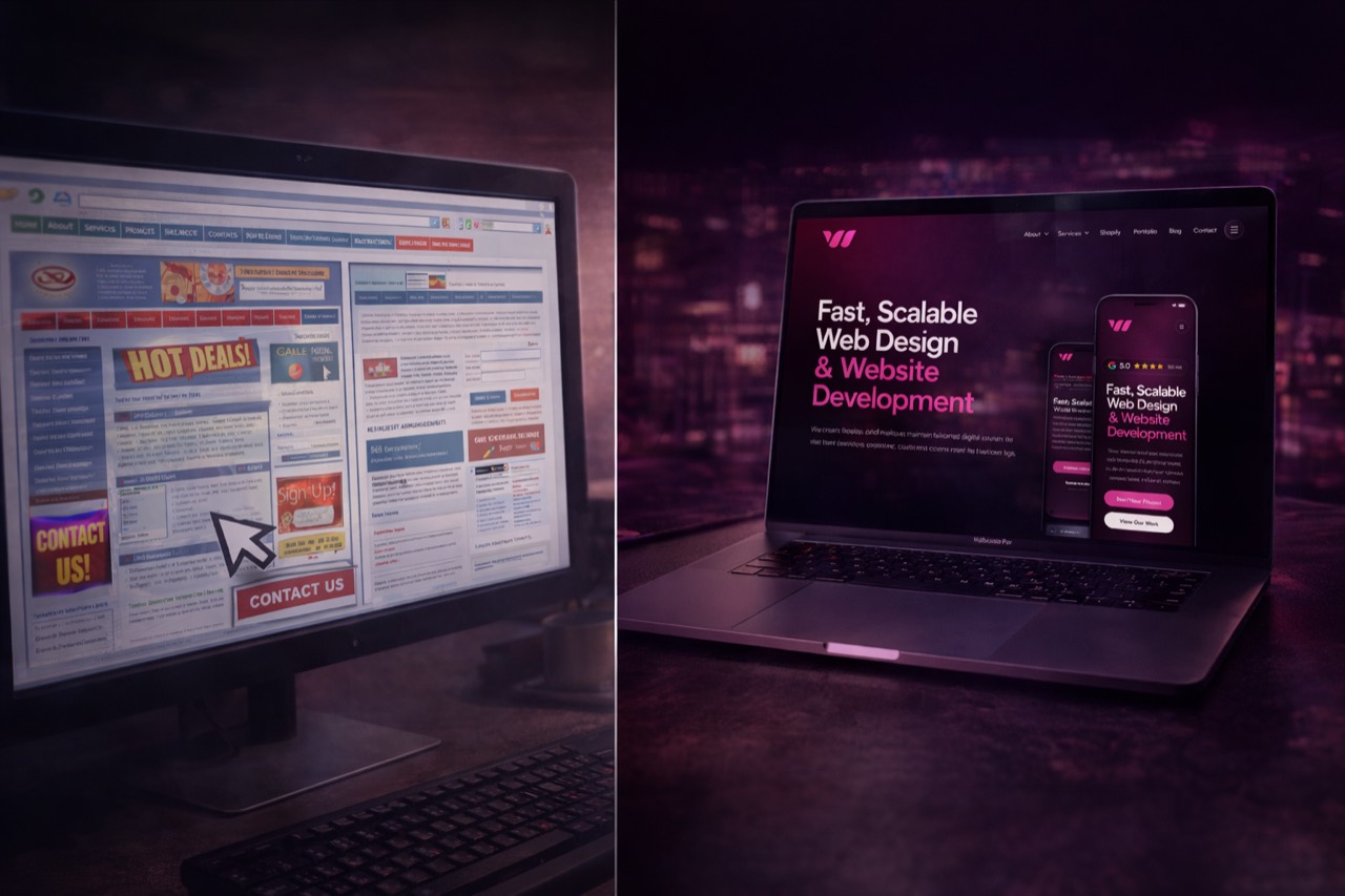 Split-screen website redesign before and after concept
