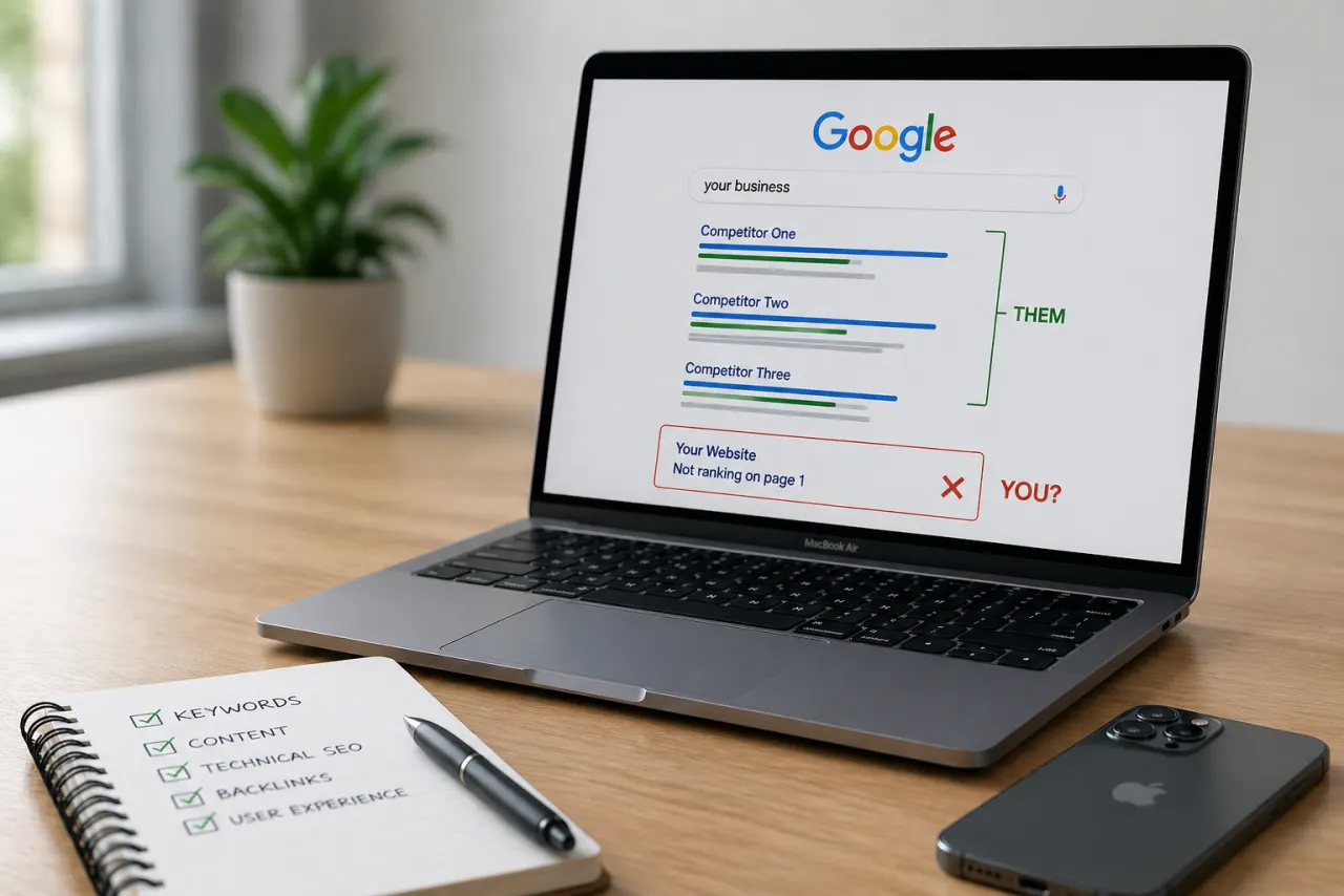 Laptop showing Google search results and website ranking comparison